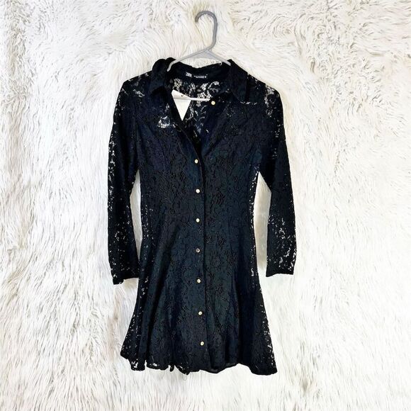 Zara XS Black Lace Collared Mini Shirt Dress Gold Buttons Party - Picture 4 of 9